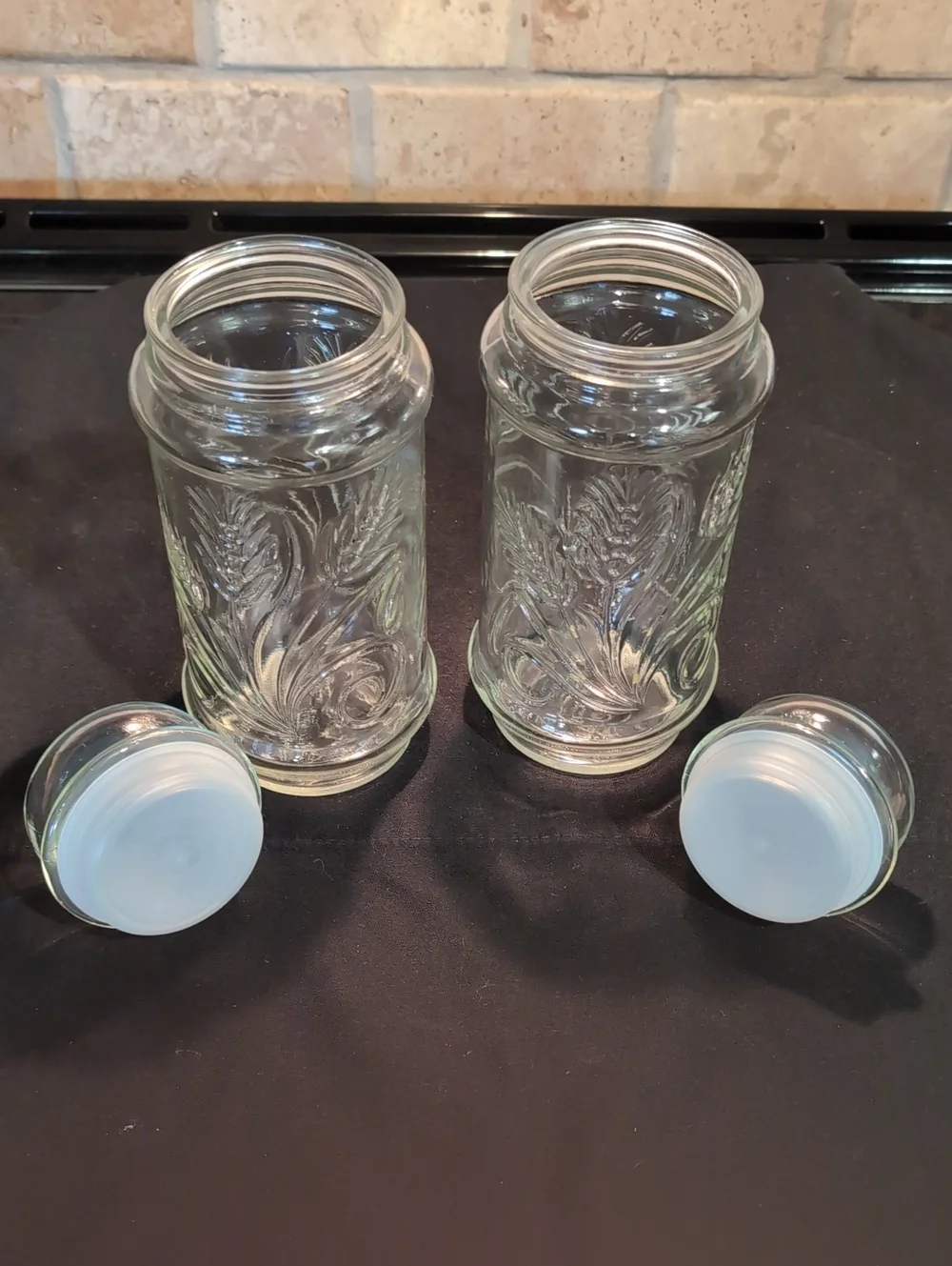 Two (2) 1982 Mr. Peanut Storage Glass Jars With Lids Wheat Stalk Design 8.5